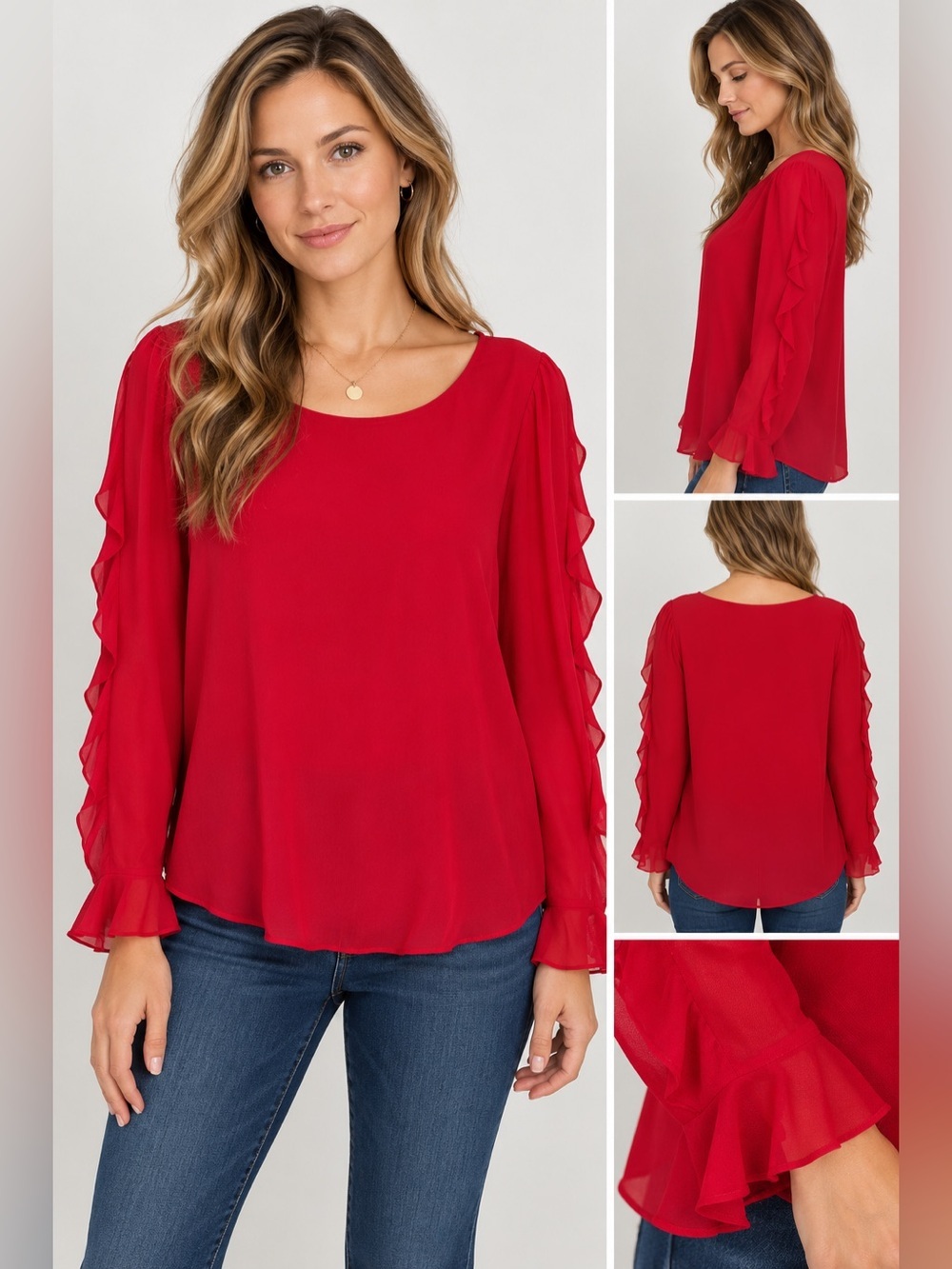 Roz & Ali Bright Red Long-Sleeve Ruffle Sleeve Blouse large